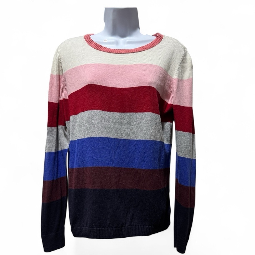 Talbots Multicolor Striped Sweater Size M Crewneck Shoulder Zip Detail Classic